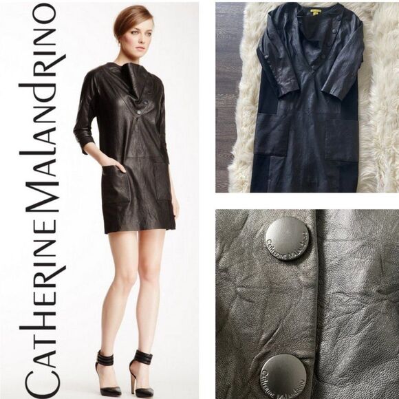 Catherine Malandrino Yellow tag Leather Dress 4/7 sleeves Classy Retro Hepburn - Picture 1 of 10